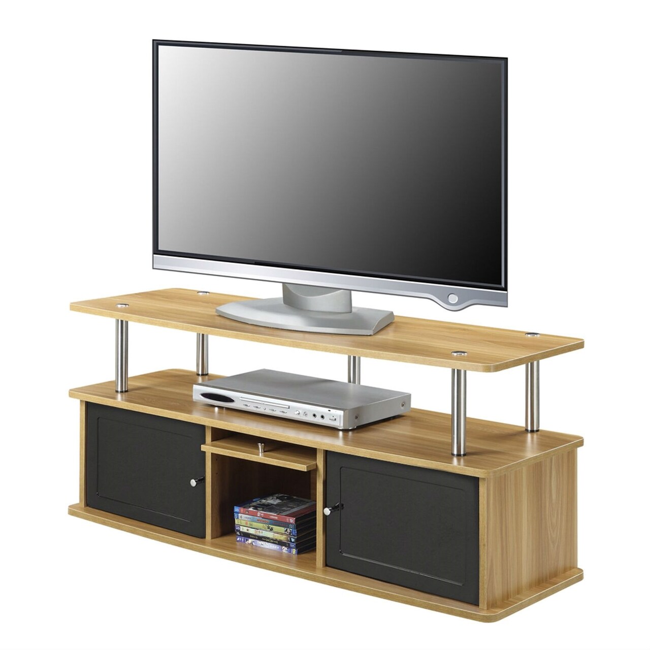 50-inch TV Stand Light Oak Black Wood Finish with 3 Cabinets and Doors